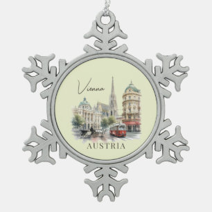 Vintage Watercolor Vienna Austria Snowflake Pewter Christmas Ornament
