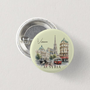Vintage Watercolor Vienna Austria Tram & Cathedral 3 Cm Round Badge