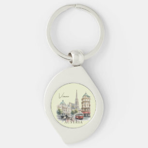 Vintage Watercolor Vienna Austria Tram & Cathedral Key Ring