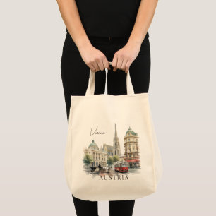 Vintage Watercolor Vienna Austria Tram & Cathedral Tote Bag