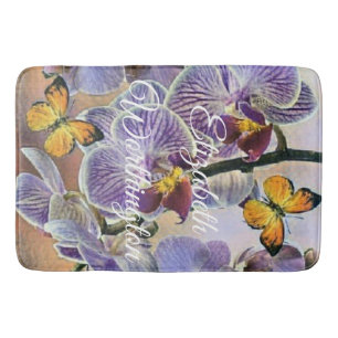 Vintage Watercolor White Purple Pink Orchid Flower Bath Mat