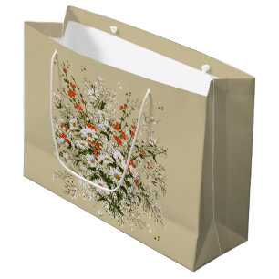Vintage Watercolor Wildflower Daisy Bouquet Beige Large Gift Bag