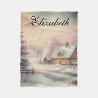 Vintage Watercolor Winter Cottage Snowy Landscape  Fleece Blanket