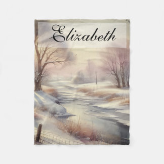 Vintage Watercolor Winter Landscape Scenery  Fleece Blanket