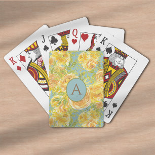 Vintage Watercolor Yellow Monogram Rose Pattern  Playing Cards