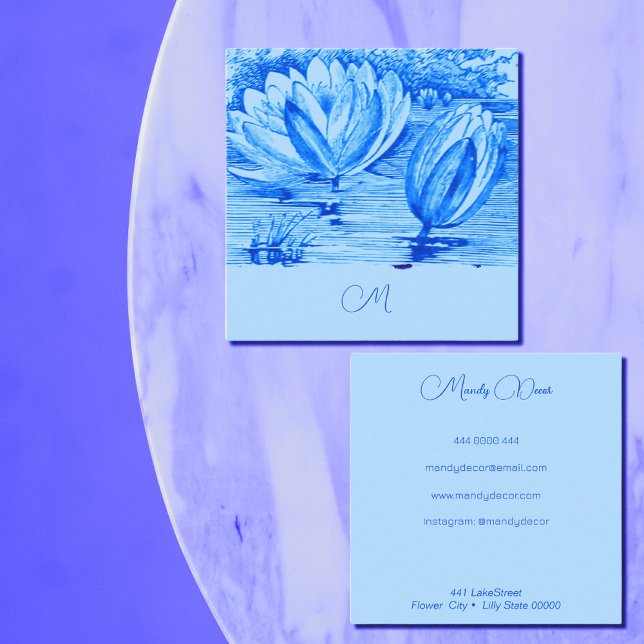  vintage    waterlilies  - monogrammed  blue  square business card (Creator Uploaded)