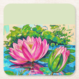vintage waterlilies - square paper coaster