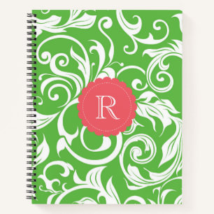 Vintage Watermelon Green Floral Wallpaper Monogram Notebook