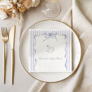 Vintage Wavy Blue Bow Rocking Horse Baby Shower Napkin