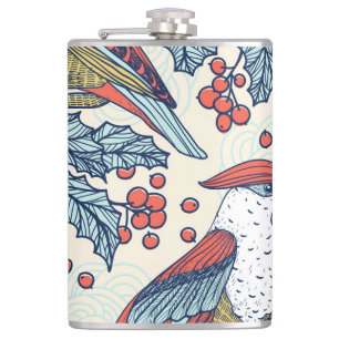 Vintage Waxwings Holly Christmas Pattern Hip Flask