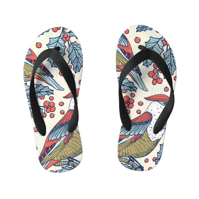 Vintage Waxwings Holly Christmas Pattern Kid's Jandals (Footbed)