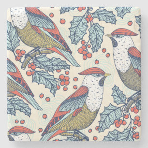 Vintage Waxwings Holly Christmas Pattern Stone Coaster
