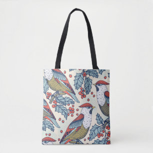 Vintage Waxwings Holly Christmas Pattern Tote Bag