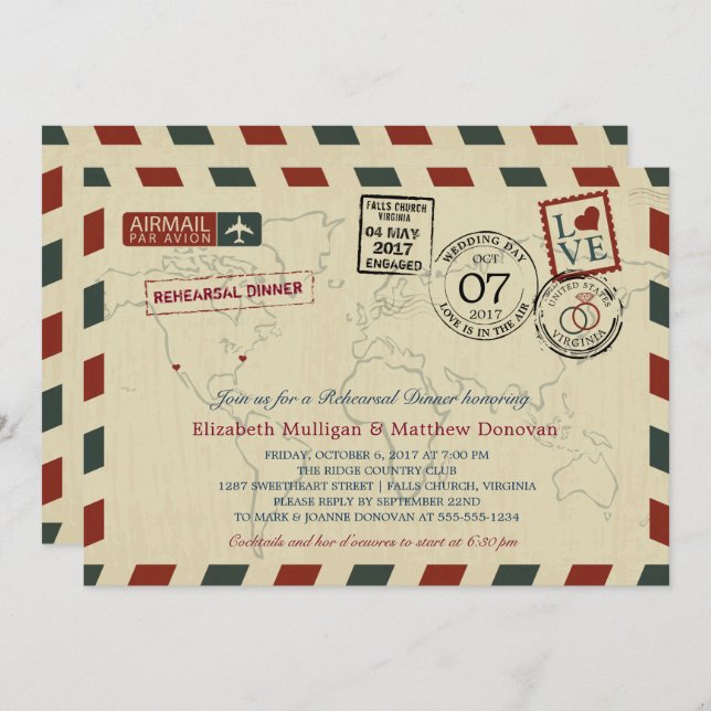 Vintage Wedding Airmail |  Rehearsal Dinner Invitation (Front/Back)
