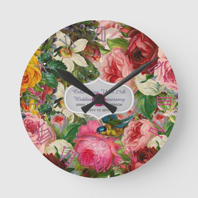 Vintage Wedding Anniversary ROSES - Commemorative Round Clock (Front)