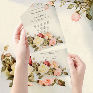 Vintage Wedding Antique Garden Rose Flowers All In One Invitation