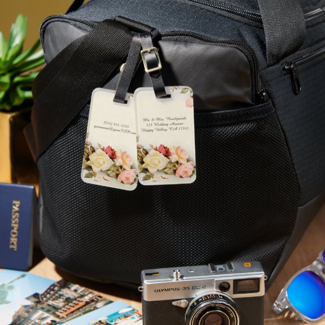 Vintage Wedding Antique Garden Rose Flowers Luggage Tag (Front & Back)