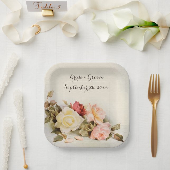 Vintage Wedding Antique Garden Rose Flowers Paper Plate (Wedding)
