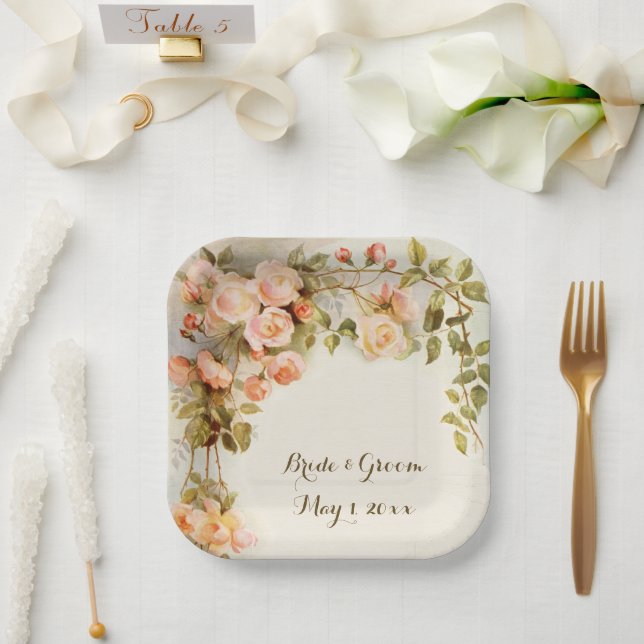 Vintage Wedding Antique Pink Rose Flower Paper Plate (Wedding)