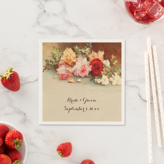 Vintage Wedding, Antique Roses Flowers Still Life Napkin (Insitu)