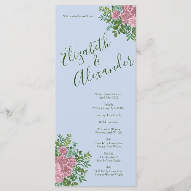 Vintage Wedding Blue Pink Floral Menu (Front)