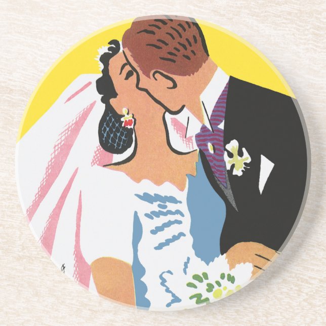 Vintage Wedding, Bride and Groom Newlyweds Kissing Coaster (Front)