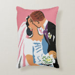 Vintage Wedding, Bride and Groom Newlyweds Kissing Decorative Cushion<br><div class="desc">You may now kiss the bride! Vintage illustration wedding design featuring bride and groom lovers kissing at their marriage ceremony. The handsome Irish man with ginger hair is wearing a tuxedo and the beautiful woman is wearing a traditional wedding gown, with a veil and holding a bouquet of garden flowers....</div>