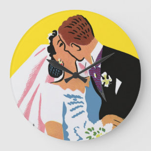 Vintage Wedding, Bride and Groom Newlyweds Kissing Large Clock