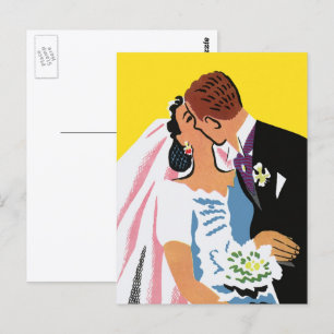 Vintage Wedding, Bride and Groom Newlyweds Kissing Postcard