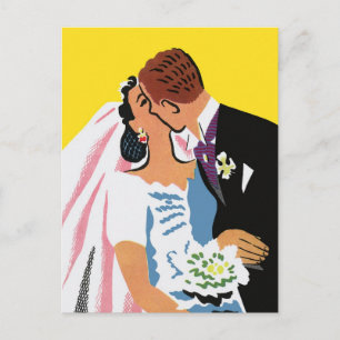 Vintage Wedding, Bride and Groom Newlyweds Kissing Postcard