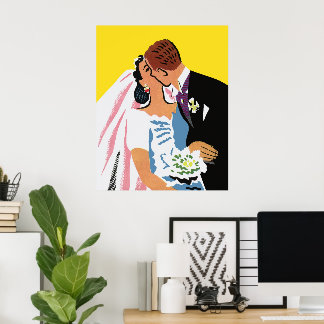 Vintage Wedding, Bride and Groom Newlyweds Kissing Poster