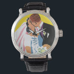 Vintage Wedding, Bride and Groom Newlyweds Kissing Watch<br><div class="desc">You may now kiss the bride! Vintage illustration wedding design featuring bride and groom lovers kissing at their marriage ceremony. The handsome Irish man with ginger hair is wearing a tuxedo and the beautiful woman is wearing a traditional wedding gown, with a veil and holding a bouquet of garden flowers....</div>