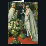 Vintage Wedding, Bride and Groom with Menorah<br><div class="desc">Vintage illustration love and romance wedding ceremony image featuring a couple getting married in a beautiful synagogue with stained glass windows,  flowers and a seven branch menorah. The bride is wearing a long white wedding gown and the groom is handsome in his tuxedo.</div>