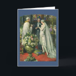 Vintage Wedding, Bride and Groom with Menorah Card<br><div class="desc">Vintage illustration love and romance wedding ceremony image featuring a couple getting married in a beautiful synagogue with stained glass windows,  flowers and a seven branch menorah. The bride is wearing a long white wedding gown and the groom is handsome in his tuxedo.</div>