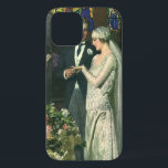 Vintage Wedding, Bride and Groom with Menorah iPhone 12 Case<br><div class="desc">Vintage illustration love and romance wedding ceremony image featuring a couple getting married in a beautiful synagogue with stained glass windows, flowers and a seven branch menorah. The bride is wearing a long white wedding gown and the groom is handsome in his tuxedo.</div>