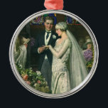 Vintage Wedding, Bride and Groom with Menorah Metal Tree Decoration<br><div class="desc">Vintage illustration love and romance wedding ceremony image featuring a couple getting married in a beautiful synagogue with stained glass windows,  flowers and a seven branch menorah. The bride is wearing a long white wedding gown and the groom is handsome in his tuxedo.</div>