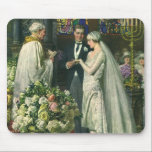 Vintage Wedding, Bride and Groom with Menorah Mouse Pad<br><div class="desc">Vintage illustration love and romance wedding ceremony image featuring a couple getting married in a beautiful synagogue with stained glass windows,  flowers and a seven branch menorah. The bride is wearing a long white wedding gown and the groom is handsome in his tuxedo.</div>