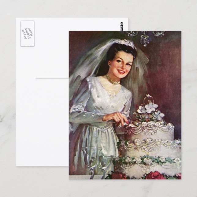 Vintage Wedding, Bride Cutting the Wedding Cake Postcard (Front/Back)
