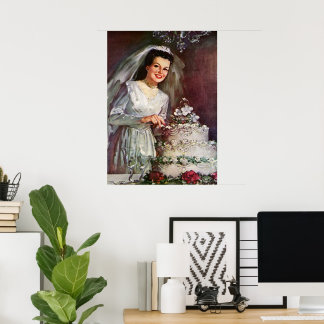 Vintage Wedding, Bride Cutting the Wedding Cake Poster
