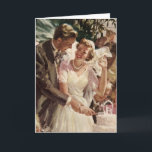 Vintage Wedding Bride Groom Newlyweds Cut the Cake Card<br><div class="desc">Vintage illustration love and romance design featuring a bride and groom cutting the cake at their wedding reception party. The happy newlywed couple are enjoying being just married and celebrating with family and friends. Happily ever after!</div>