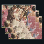 Vintage Wedding Bride Groom Newlyweds Cut the Cake Wrapping Paper Sheet<br><div class="desc">Vintage illustration love and romance design featuring a bride and groom cutting the cake at their wedding reception party. The happy newlywed couple are enjoying being just married and celebrating with family and friends. Happily ever after!</div>