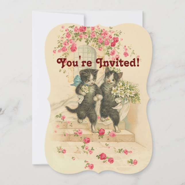 Vintage Wedding Cat Couple Soft Gold Invitation (Front)