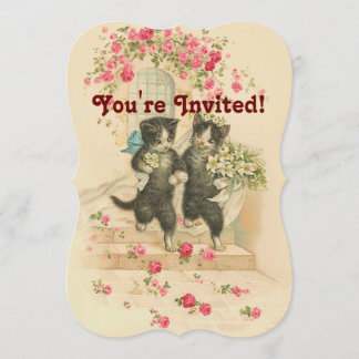 Vintage Wedding Cat Couple Soft Gold Invitation