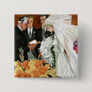 Vintage Wedding Ceremony, Bride Groom Newlyweds 15 Cm Square Badge