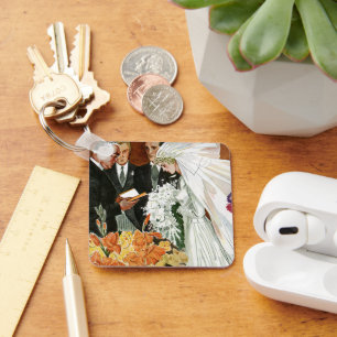 Vintage Wedding Ceremony, Bride Groom Newlyweds Key Ring
