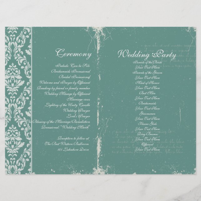 Vintage Wedding Ceremony Program Teal (Front)