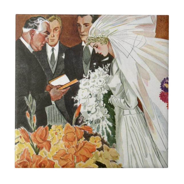 Vintage Wedding Ceremony with Bride and Groom Tile (Front)