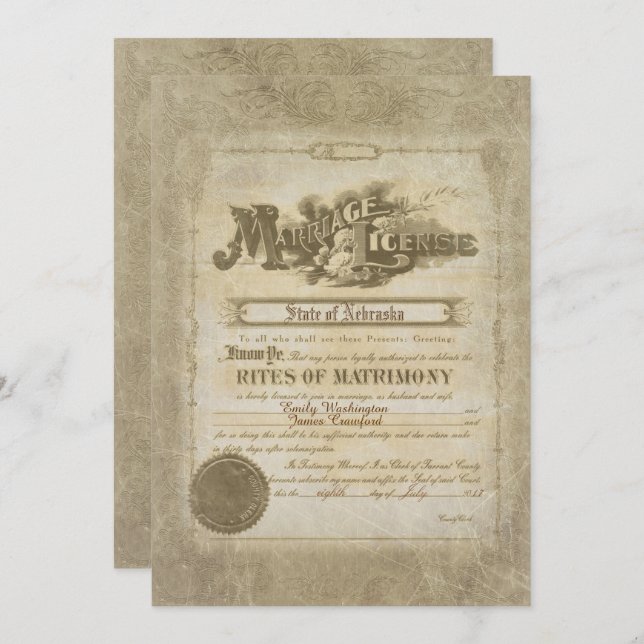 Vintage Wedding Certificate Invitation (Front/Back)