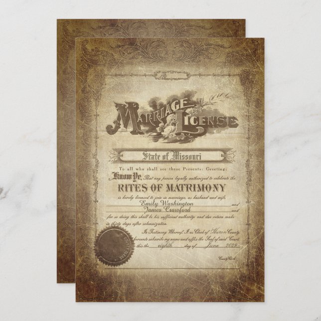 Vintage Wedding Certificate  Invitation (Front/Back)