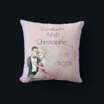 Vintage Wedding Couple With Pink Rose Personalised Cushion<br><div class="desc">A retro vintage style pillow with personalised wedding details. An elegant illustration set on a pink background with faded pink roses. A fancy wedding couple illustration in a loving embrace painted with watercolors. Chic and classy with a shabby old fashioned flair. The right and left side of the pillow has...</div>
